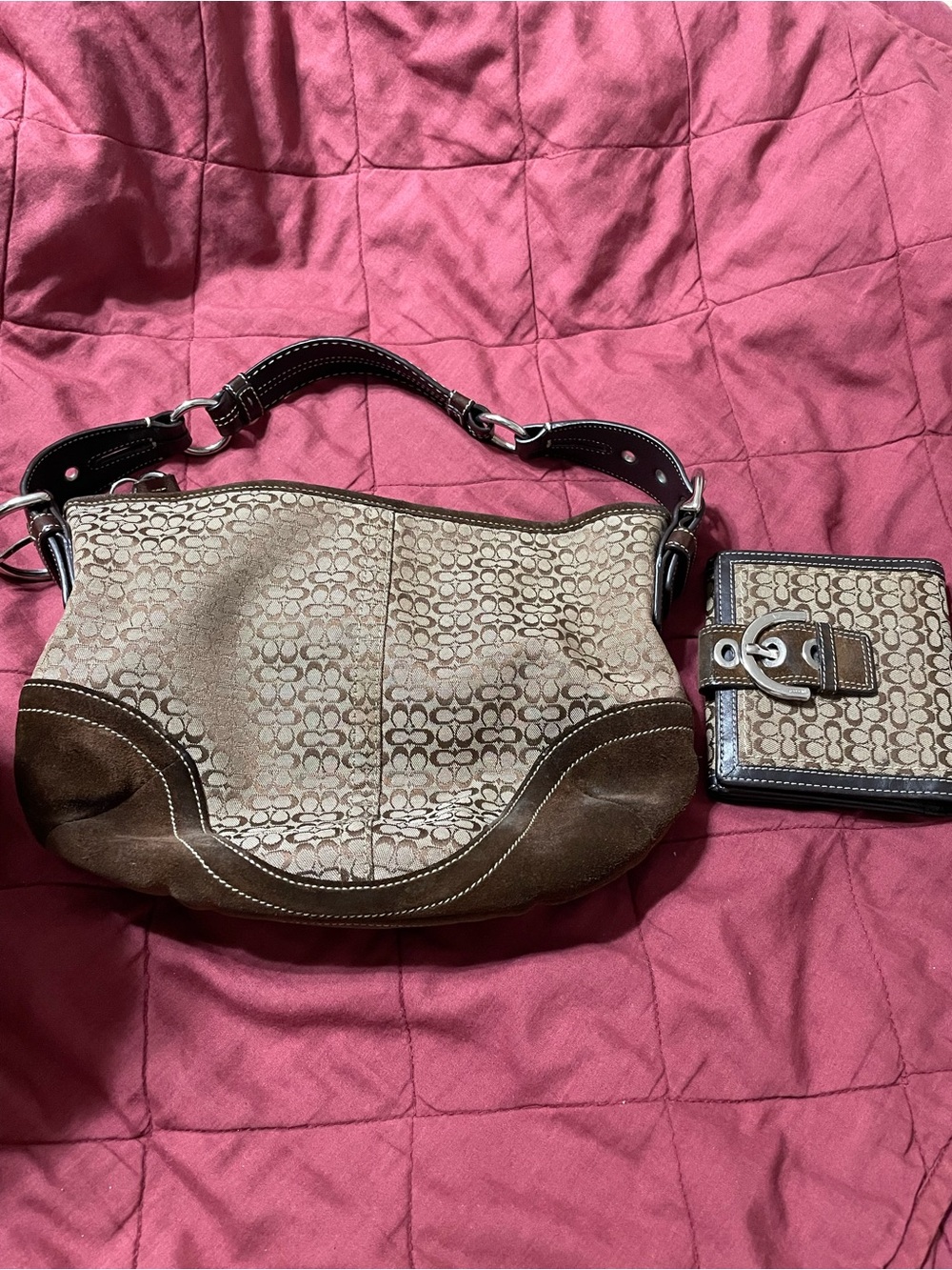 Coach Brown Signature Canvas and Suede Shoulder Bag with Matching Wallet